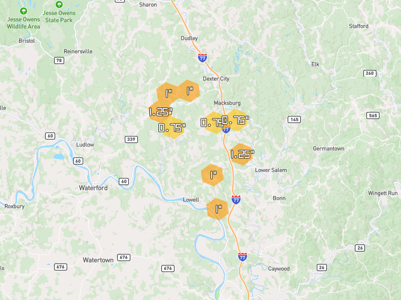 Hail map of Lowell, OH on Jul 21, 2026, hail up to 1.25"