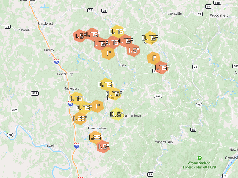 Hail map of Lower Salem, OH on Jul 21, 2026, hail up to 1.75"