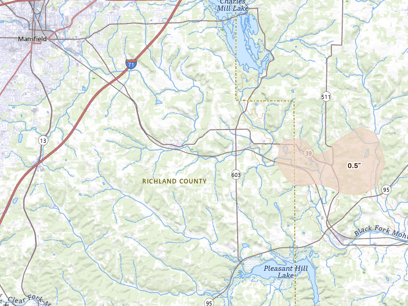 Radar-estimated hail-size map of the storm over Lucas, OH on Apr 3, 2026
