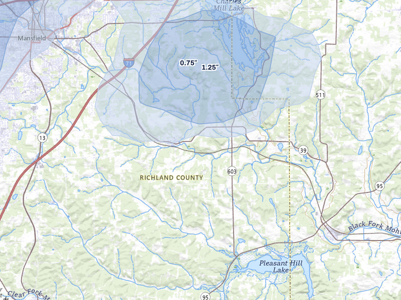 NEXRAD radar-signature map of the hail storm over Lucas, OH on Jul 3, 2026