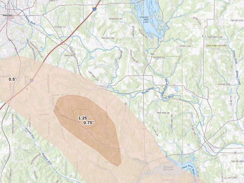 Radar-estimated hail-size map of the storm over Lucas, OH on Sep 16, 2026