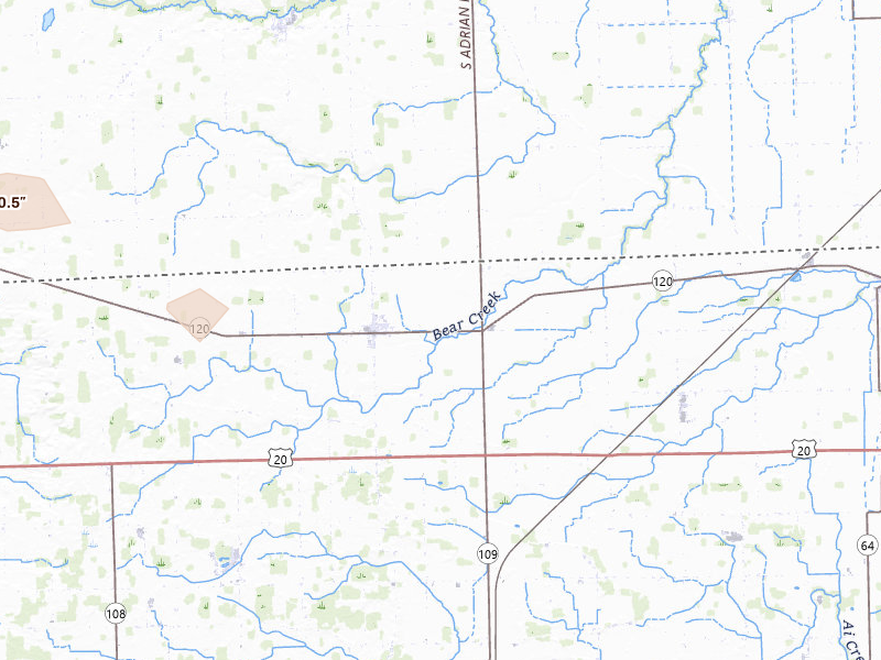 Radar-estimated hail-size map of the storm over Lyons, OH on Apr 22, 2026