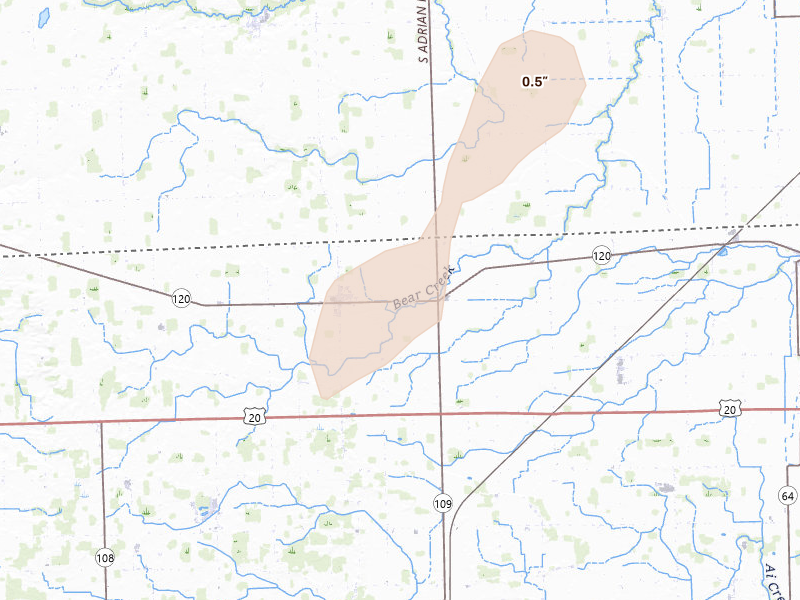 Radar-estimated hail-size map of the storm over Lyons, OH on May 18, 2026