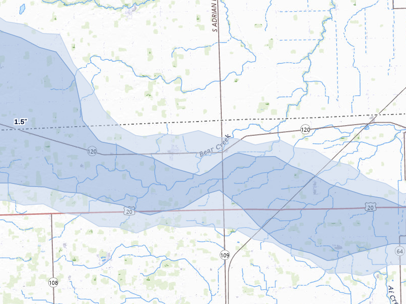 NEXRAD radar-signature map of the hail storm over Lyons, OH on Jul 20, 2026