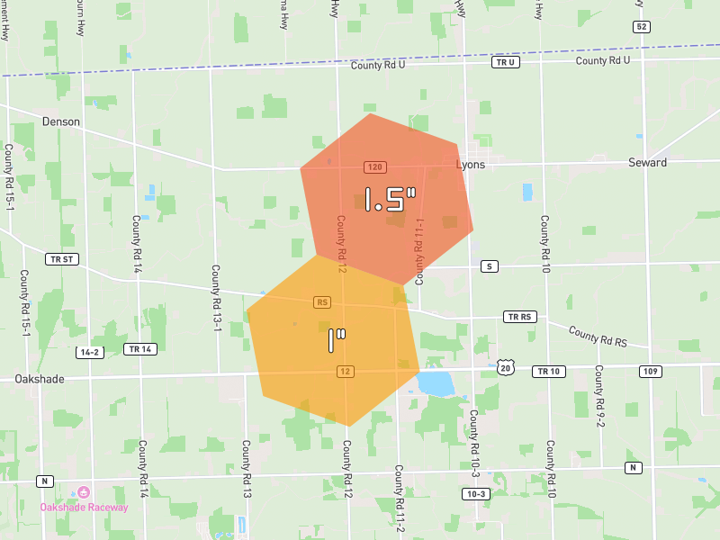 Hail map of Lyons, OH on Jul 21, 2026, hail up to 1.5"