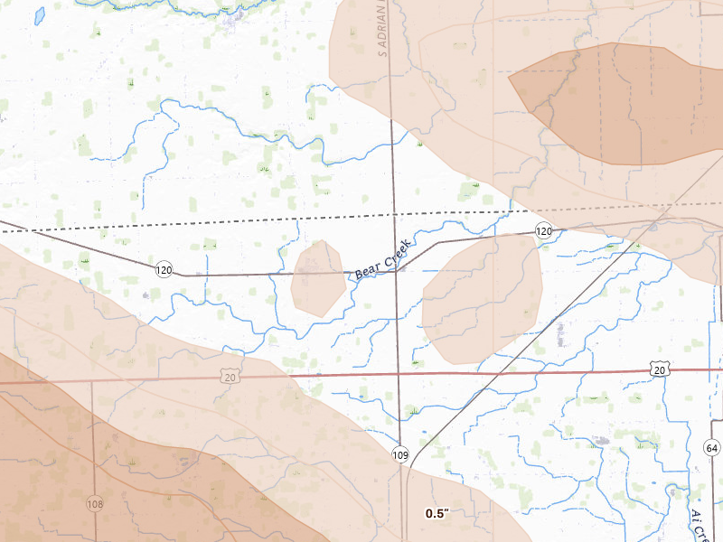 Radar-estimated hail-size map of the storm over Lyons, OH on Aug 10, 2026