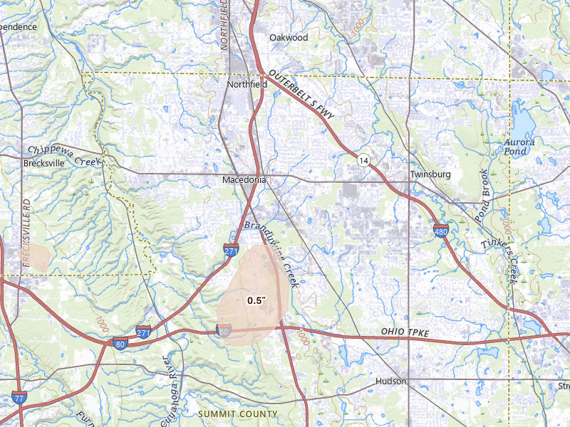 Radar-estimated hail-size map of the storm over Macedonia, OH on Aug 10, 2026