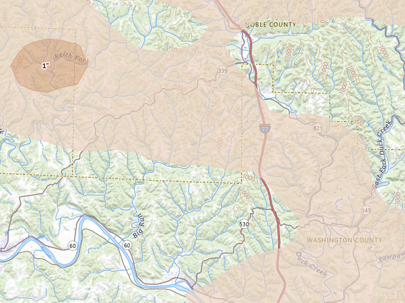 Radar-estimated hail-size map of the storm over Macksburg, OH on Jul 21, 2026