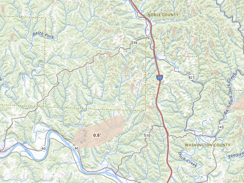 Radar-estimated hail-size map of the storm over Macksburg, OH on Aug 8, 2026