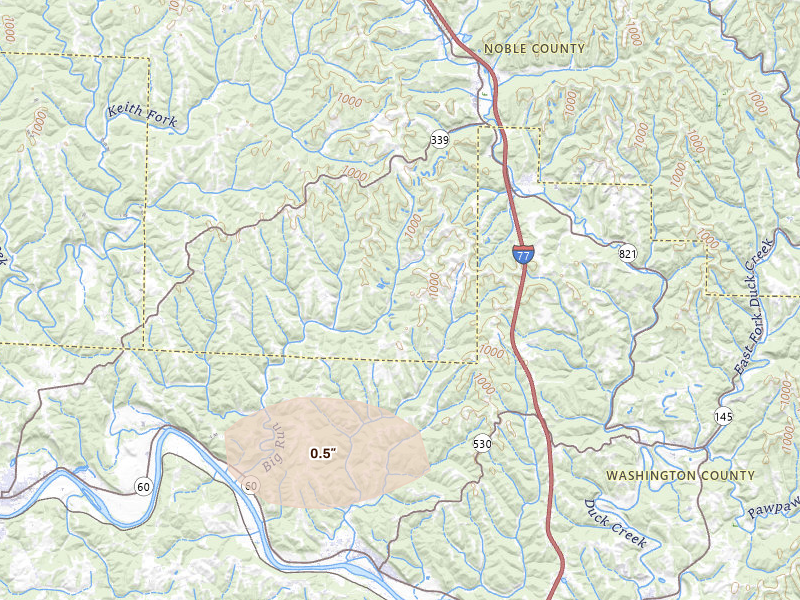 Radar-estimated hail-size map of the storm over Macksburg, OH on Aug 10, 2026