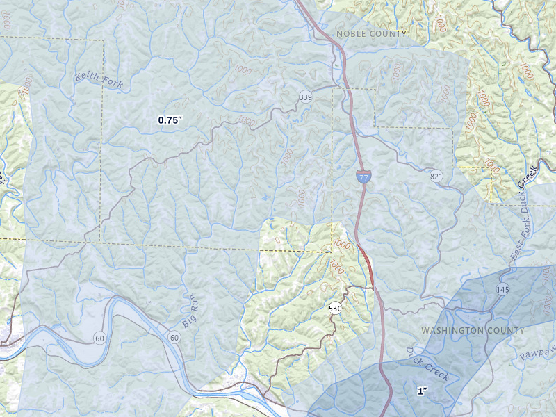 NEXRAD radar-signature map of the hail storm over Macksburg, OH on Aug 22, 2026