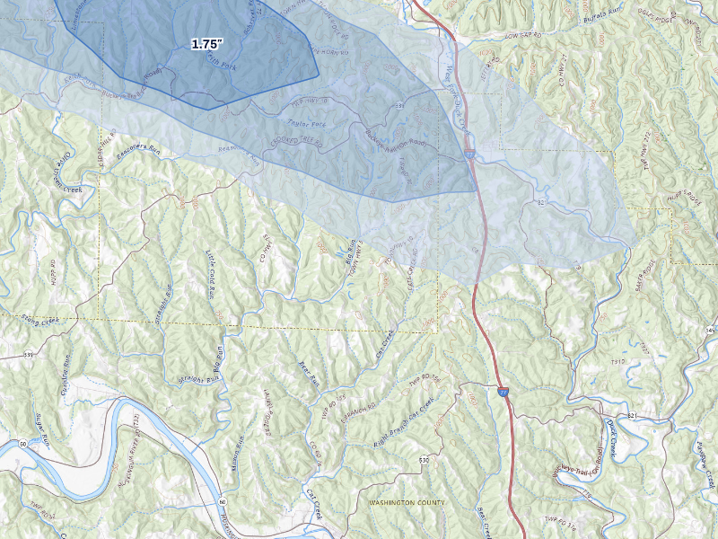 NEXRAD radar-signature map of the hail storm over Macksburg, OH on Sep 4, 2026