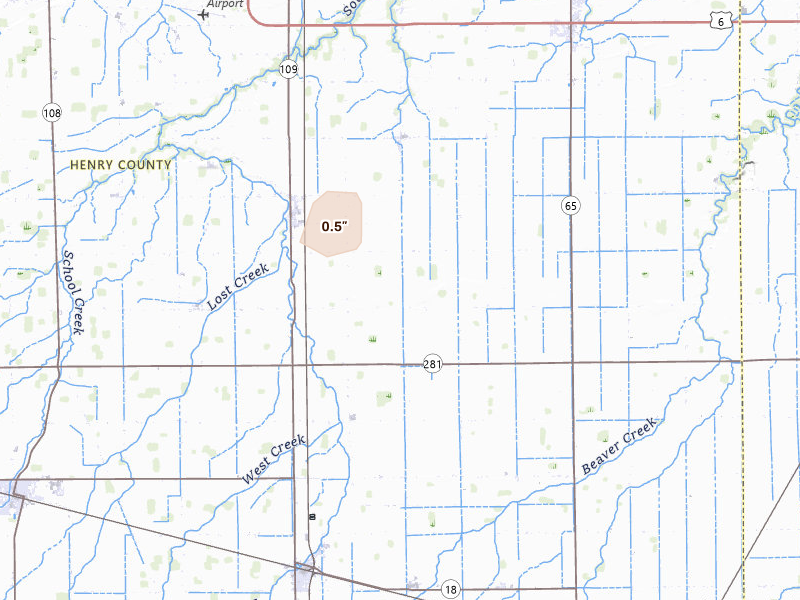 Radar-estimated hail-size map of the storm over Malinta, OH on Mar 31, 2026