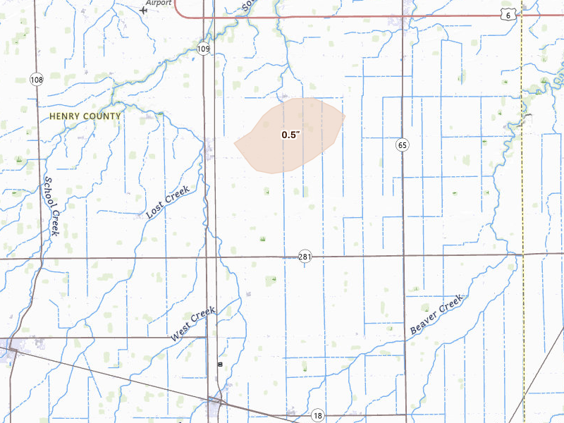 Radar-estimated hail-size map of the storm over Malinta, OH on Jul 20, 2026