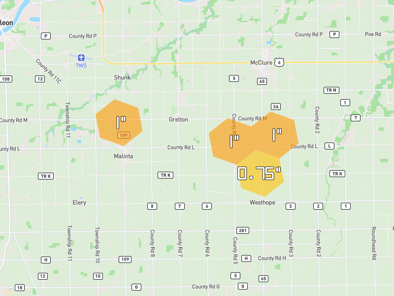 Hail map of Malinta, OH on Jul 21, 2026, hail up to 1"