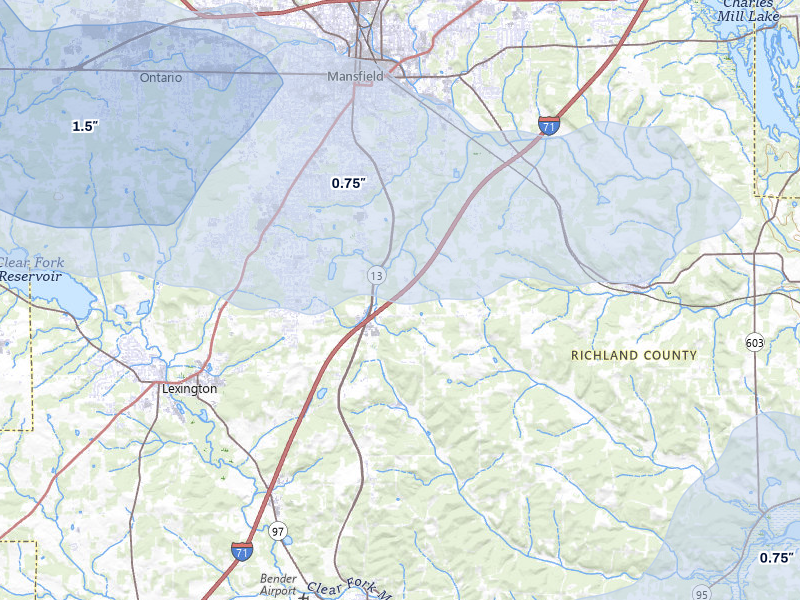 NEXRAD radar-signature map of the hail storm over Mansfield, OH on Mar 22, 2026