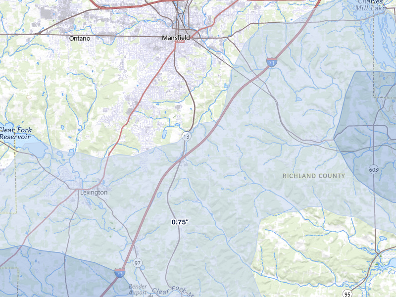 NEXRAD radar-signature map of the hail over Mansfield, OH