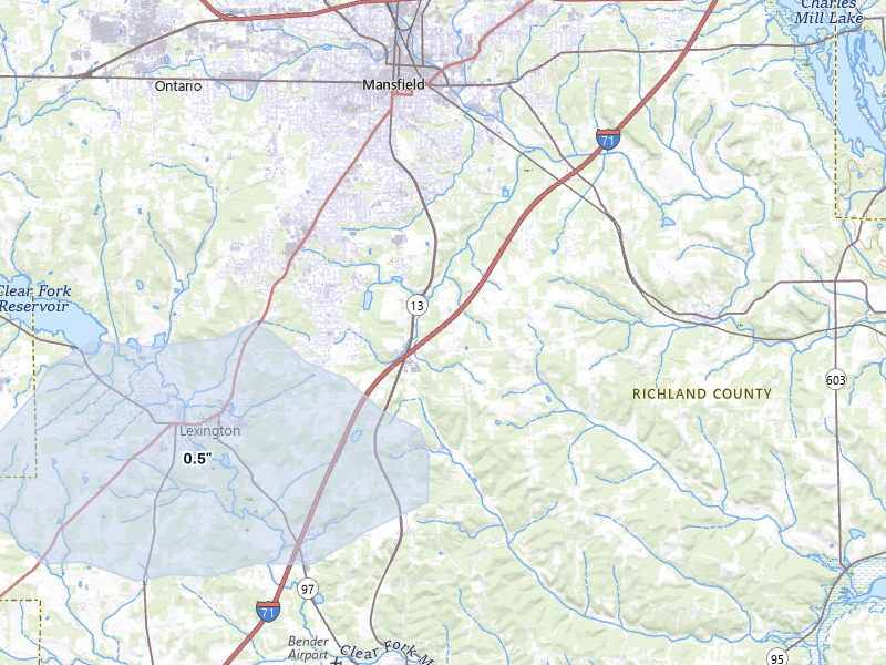 NEXRAD radar-signature map of the hail storm over Mansfield, OH on Apr 22, 2026