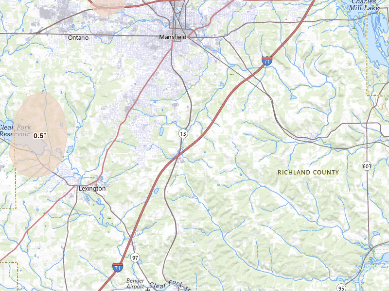 Radar-estimated hail-size map of the storm over Mansfield, OH on Jul 3, 2026