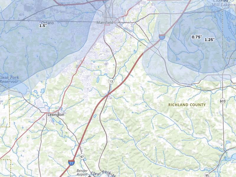 NEXRAD radar-signature map of the hail storm over Mansfield, OH on Jul 3, 2026