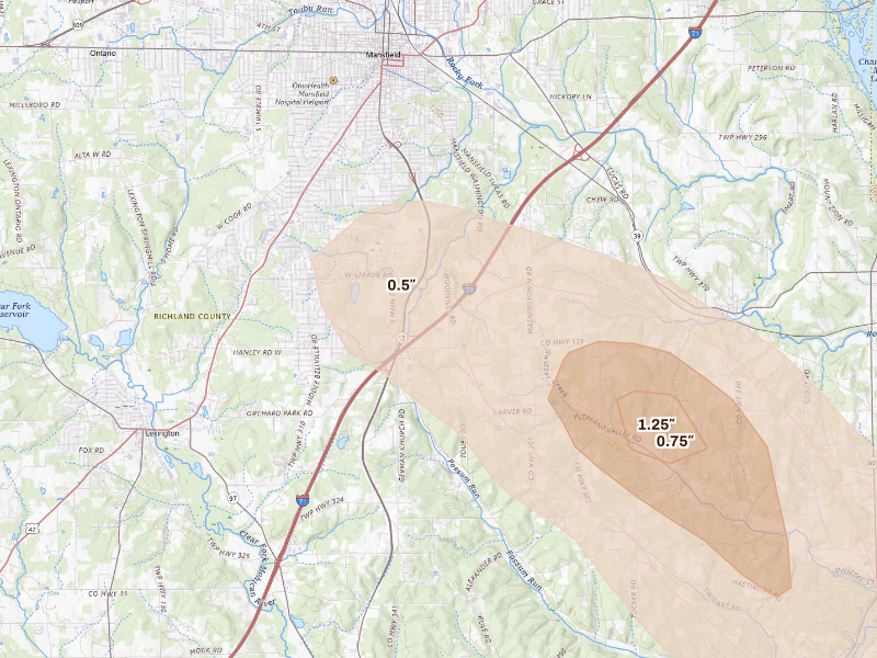 Radar-estimated hail-size map of the storm over Mansfield, OH on Sep 16, 2026