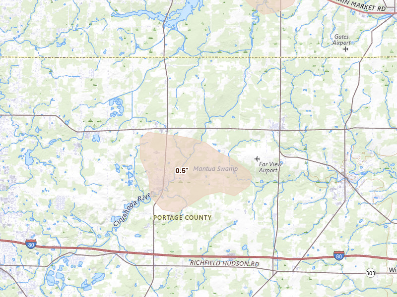 Radar-estimated hail-size map of the storm over Mantua, OH on Jul 16, 2026