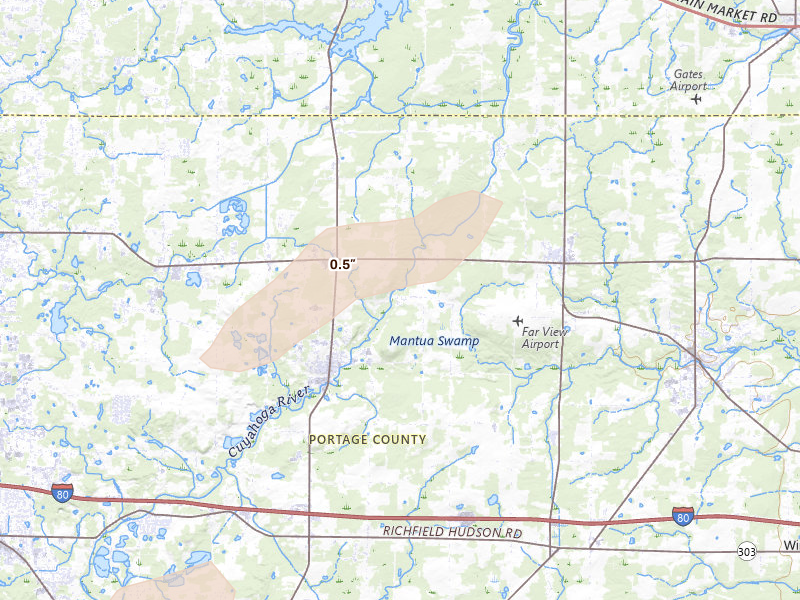 Radar-estimated hail-size map of the storm over Mantua, OH on Aug 22, 2026