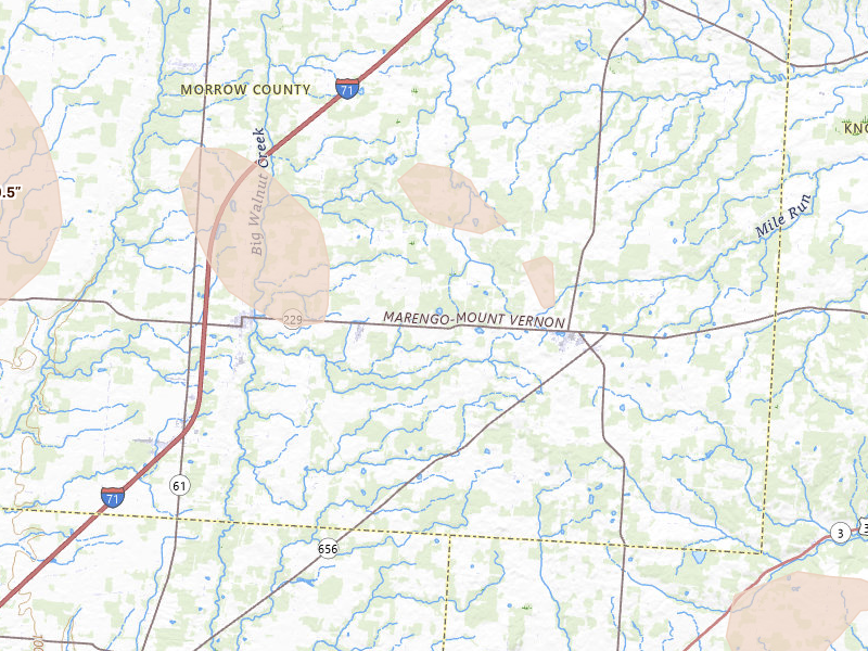 Radar-estimated hail-size map of the storm over Marengo, OH on Mar 22, 2026