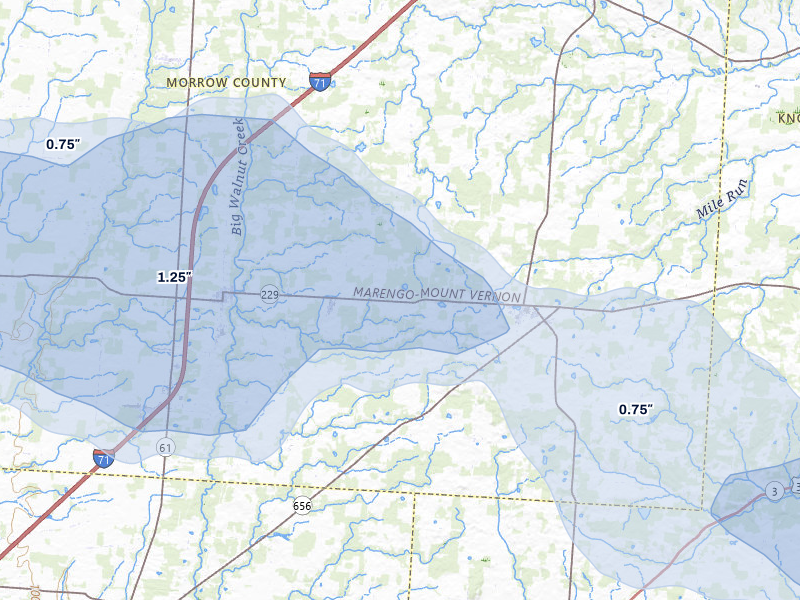 NEXRAD radar-signature map of the hail storm over Marengo, OH on Mar 22, 2026