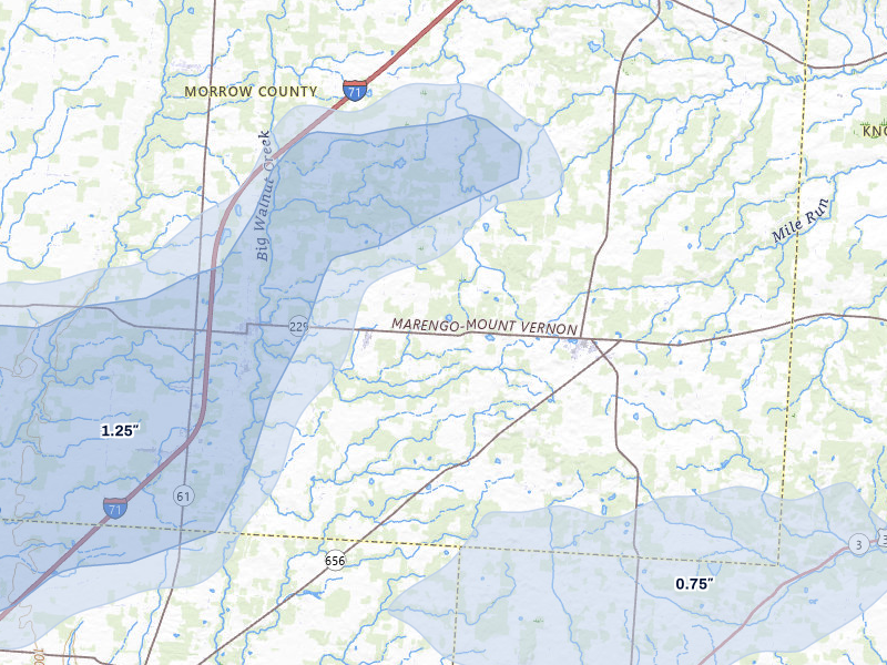 NEXRAD radar-signature map of the hail storm over Marengo, OH on Jun 6, 2026