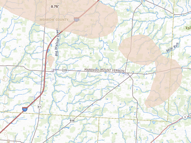 Radar-estimated hail-size map of the storm over Marengo, OH on Aug 10, 2026