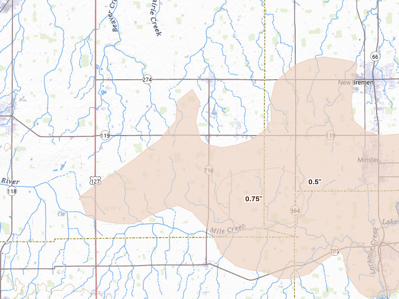 Radar-estimated hail-size map of the storm over Maria Stein, OH on Mar 22, 2026