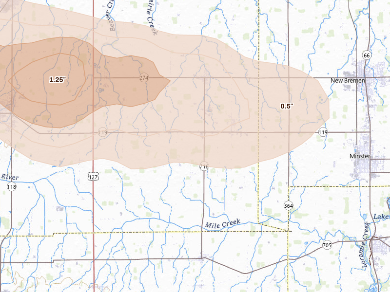 Radar-estimated hail-size map of the storm over Maria Stein, OH on Mar 26, 2026