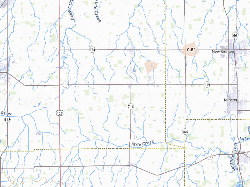 Radar-estimated hail-size map of the storm over Maria Stein, OH on Aug 7, 2026