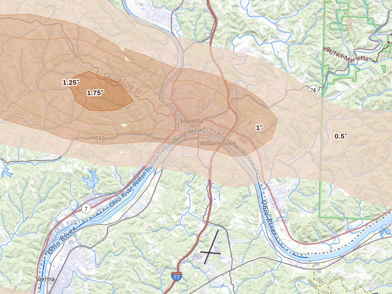Radar-estimated hail-size map of the storm over Marietta, OH on Apr 1, 2026