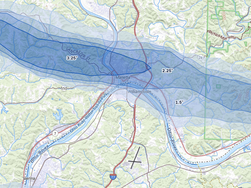 NEXRAD radar-signature map of the hail storm over Marietta, OH on Apr 1, 2026