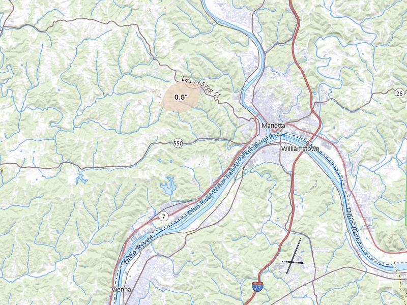 Radar-estimated hail-size map of the storm over Marietta, OH on Aug 7, 2026