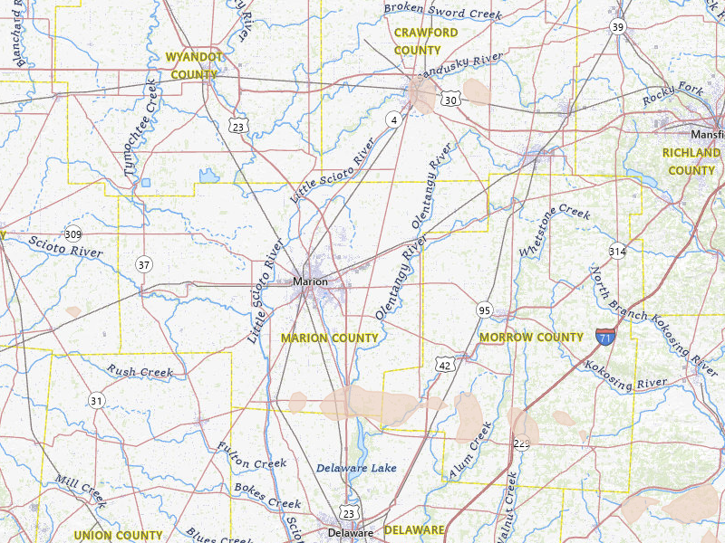 Radar-estimated hail-size map of the storm over Marion, OH on Mar 22, 2026