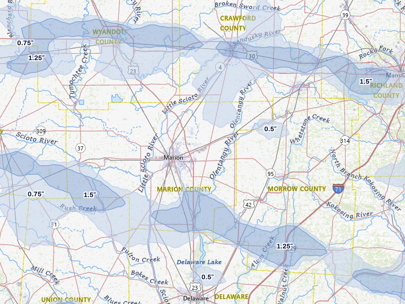 NEXRAD radar-signature map of the hail storm over Marion, OH on Mar 22, 2026