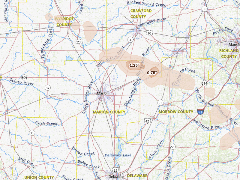 Radar-estimated hail-size map of the storm over Marion, OH on Mar 26, 2026