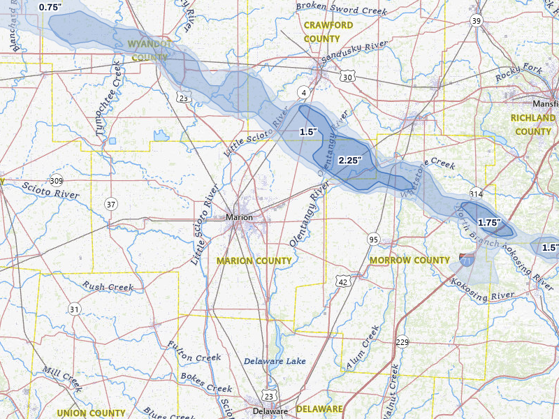 NEXRAD radar-signature map of the hail over Marion, OH