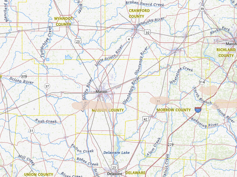 Radar-estimated hail-size map of the storm over Marion, OH on Apr 3, 2026