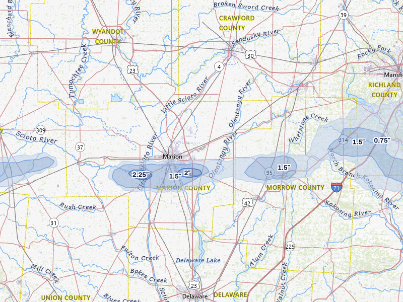 NEXRAD radar-signature map of the hail over Marion, OH