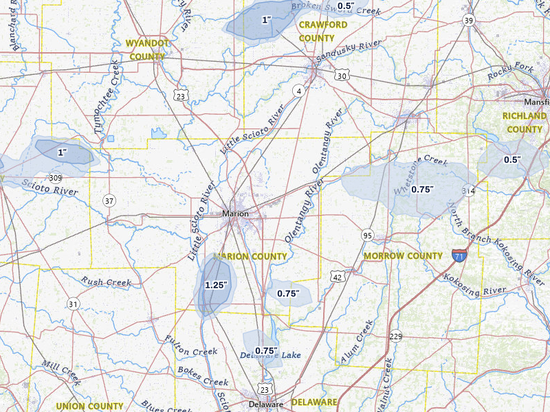 NEXRAD radar-signature map of the hail storm over Marion, OH on Apr 22, 2026