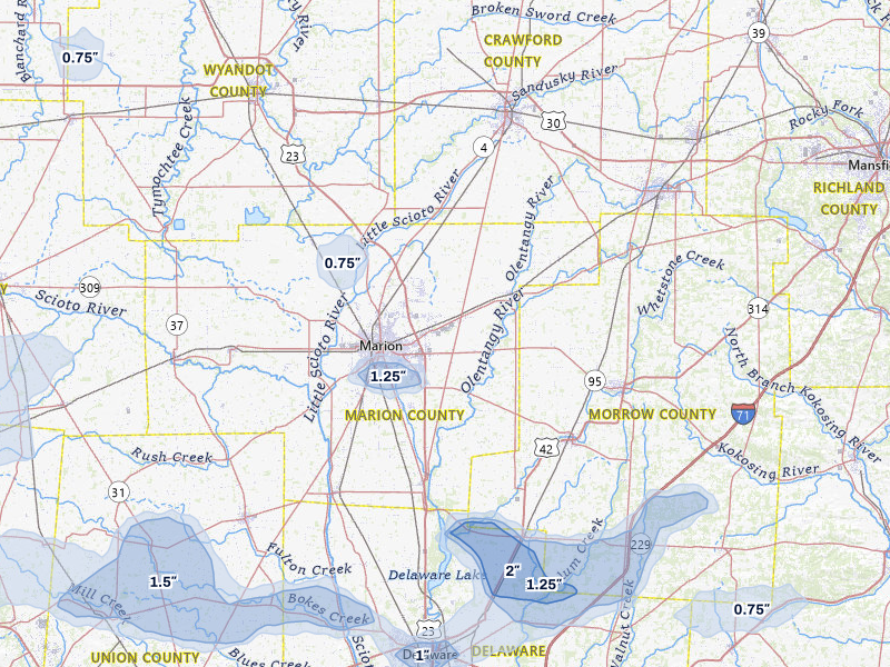 NEXRAD radar-signature map of the hail storm over Marion, OH on Jun 6, 2026