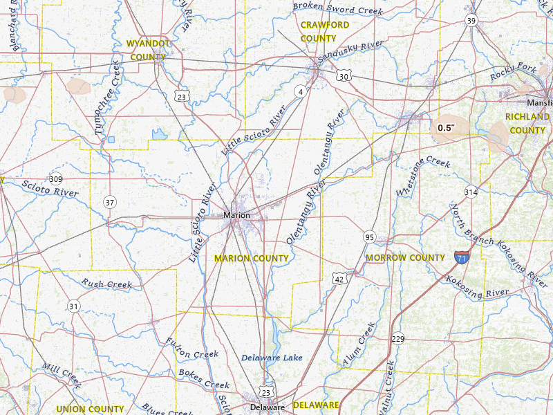 Radar-estimated hail-size map of the storm over Marion, OH on Jul 3, 2026