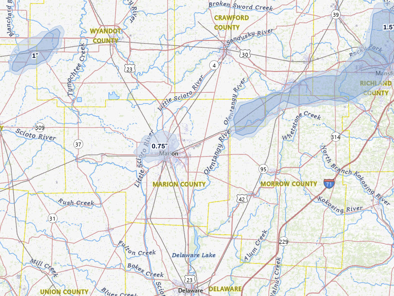 NEXRAD radar-signature map of the hail storm over Marion, OH on Jul 3, 2026