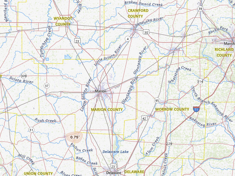 Radar-estimated hail-size map of the storm over Marion, OH on Jul 4, 2026