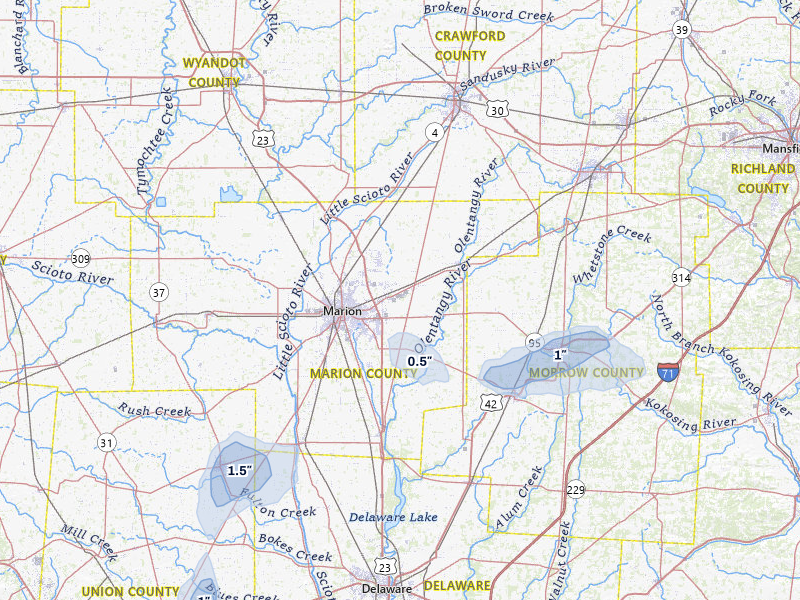 NEXRAD radar-signature map of the hail over Marion, OH