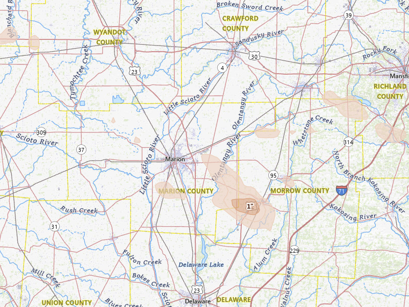 Radar-estimated hail-size map of the storm over Marion, OH on Jul 18, 2026